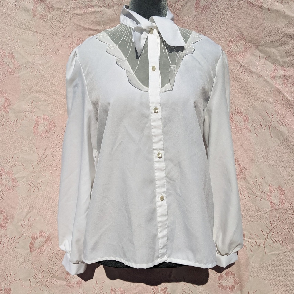 Vintage 80s Ruffle Necktie Blouse Large White Sheer Yoke Button Up Top Victorian
